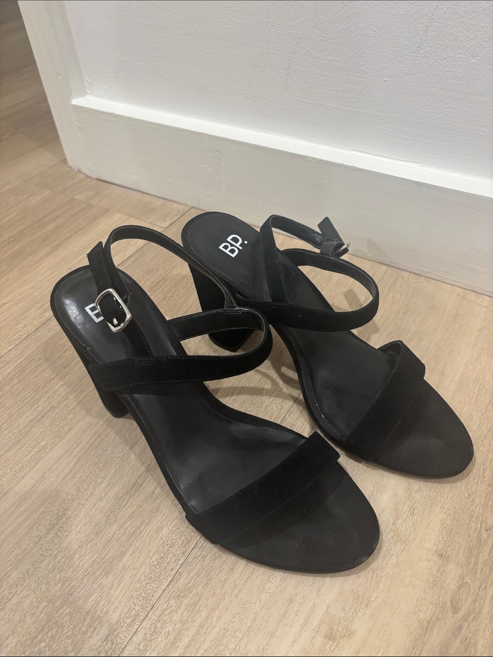 bp Black Strappy Suede Block-Heel Sandals